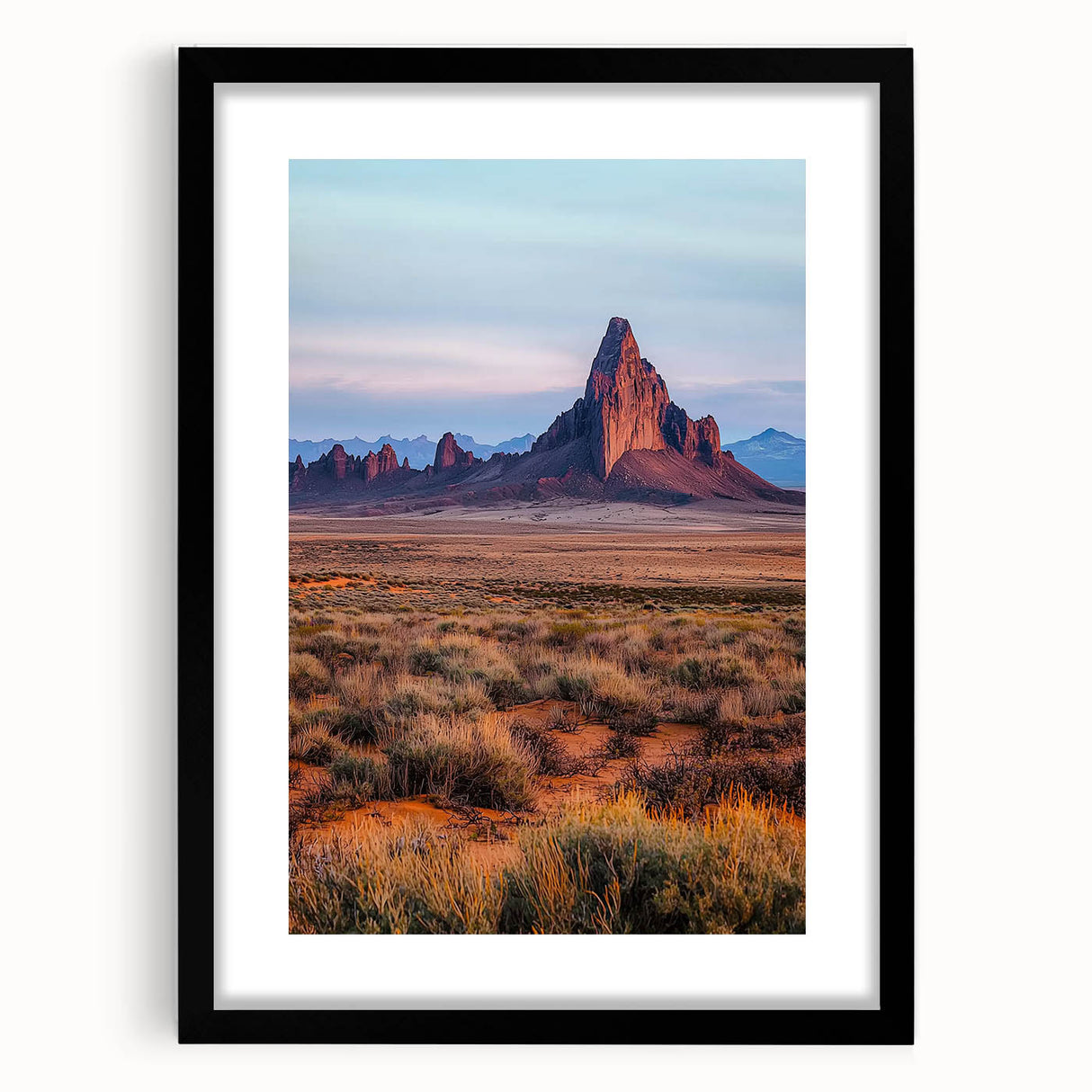 Black-framed landscape artwork showcasing serene sand dunes, elegantly matted for a sophisticated presentation, perfect for modern home decor.