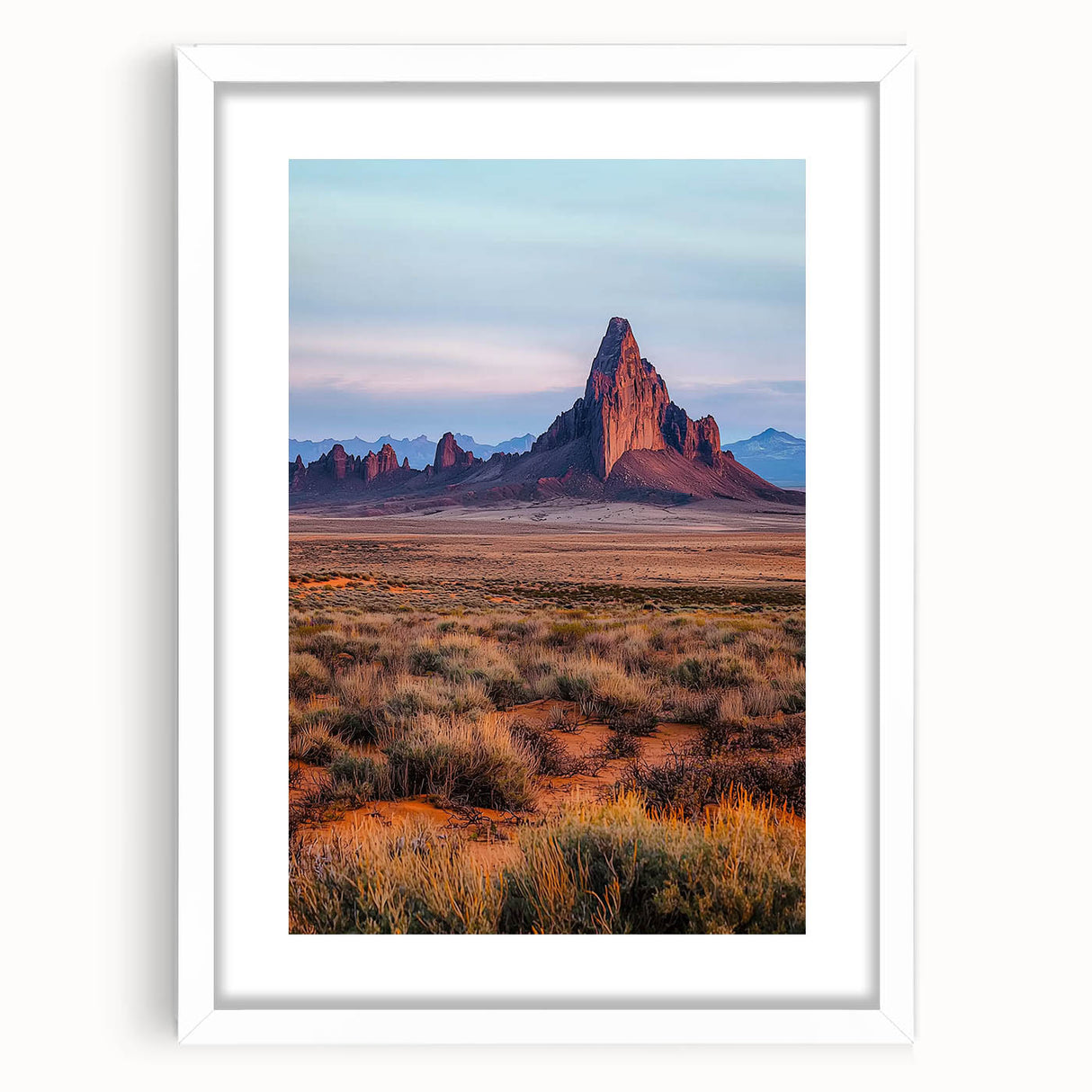 Framed landscape artwork depicting serene sand dunes in soft beige and white tones, showcasing a minimalistic design with a white mat, perfect for modern decor.