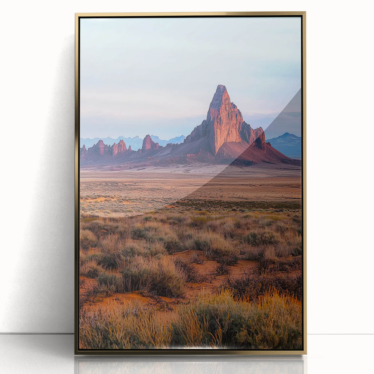 Framed acrylic artwork showcasing a serene desert landscape with golden dunes, emphasizing warm tones and intricate details, perfect for modern home decor.