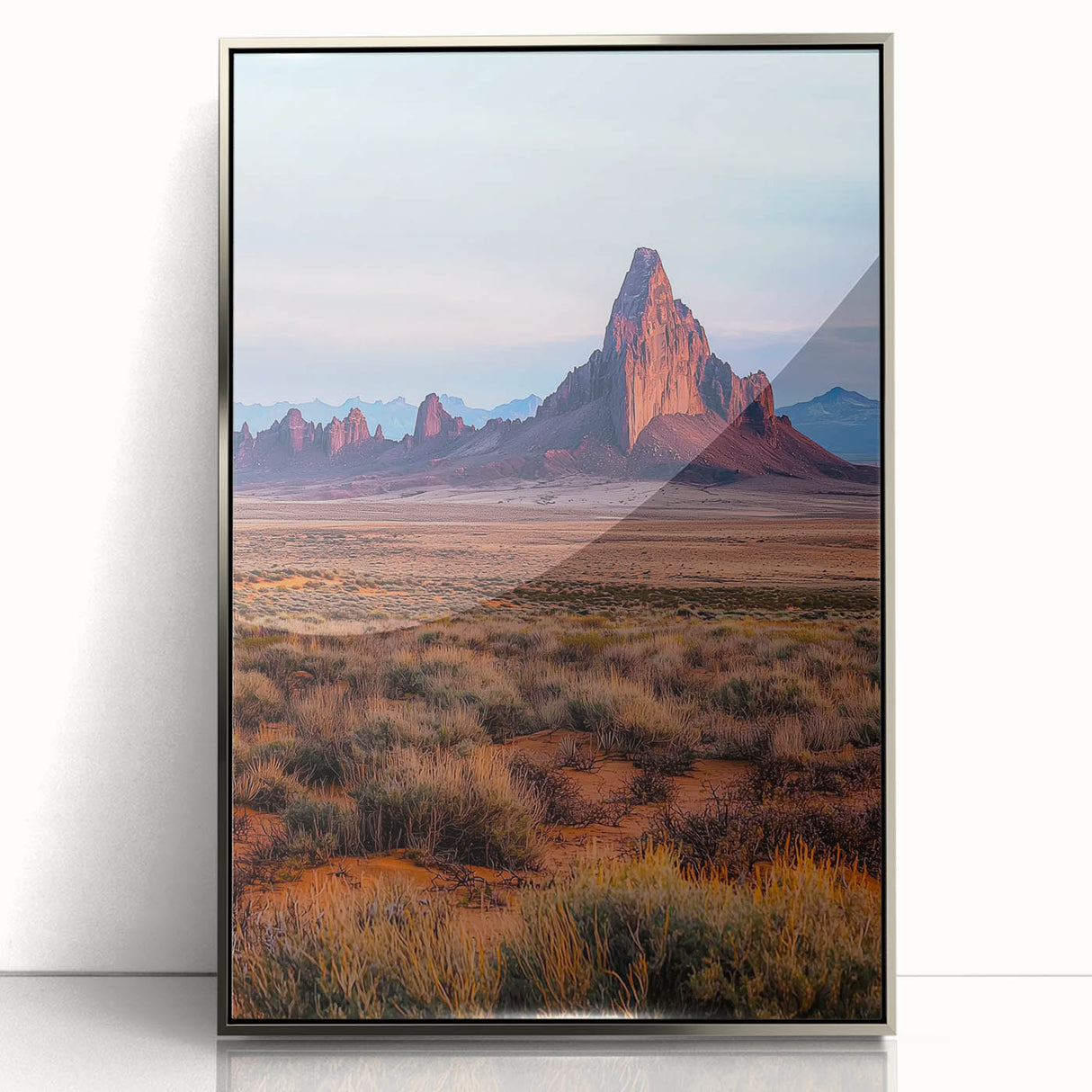 Framed acrylic artwork showcasing serene desert dunes in soft silver tones, enhancing modern decor with a minimalist aesthetic and captivating landscape design.