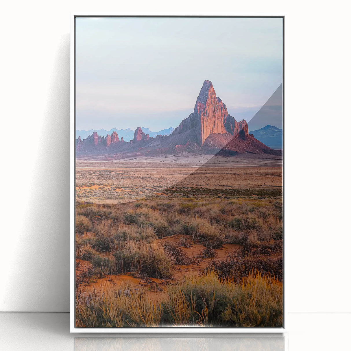 Framed acrylic artwork showcasing a stunning desert landscape with golden dunes against a bright blue sky, designed to enhance modern home decor with its vibrant colors and serene atmosphere. Perfect for adding a touch of nature-inspired elegance to any room.