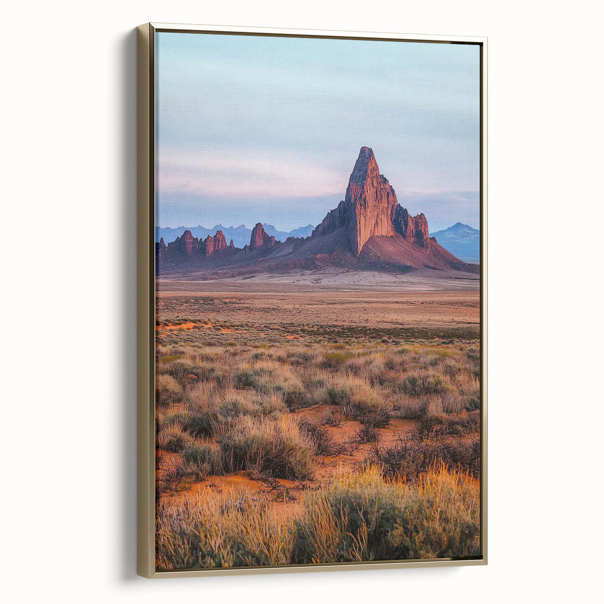 Framed canvas artwork depicting serene desert dunes in warm gold tones, showcasing elegant textures and a modern design, perfect for contemporary home decor.