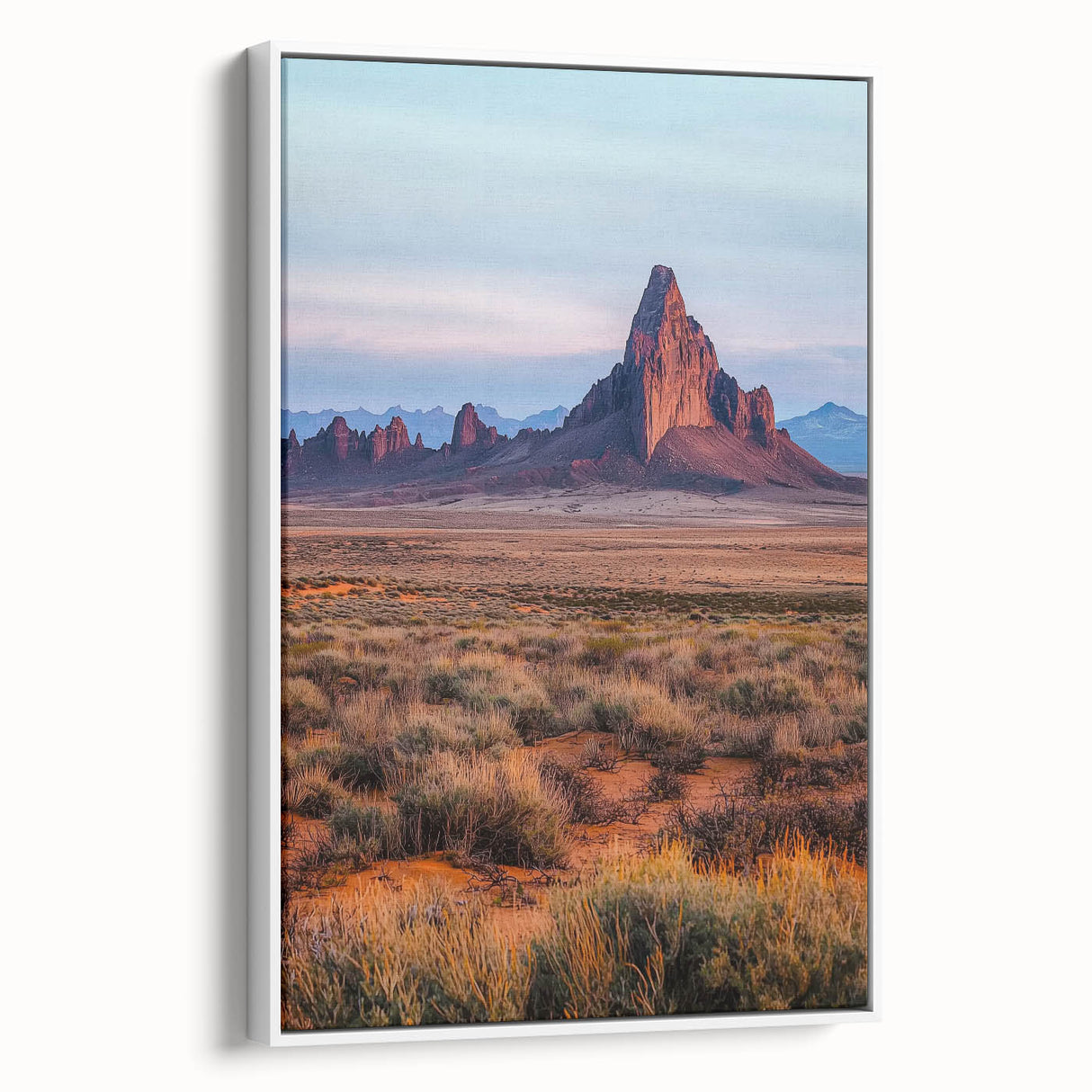 Framed canvas art showcasing a serene desert landscape with golden dunes, presented in a sleek white frame, ideal for modern home decor.