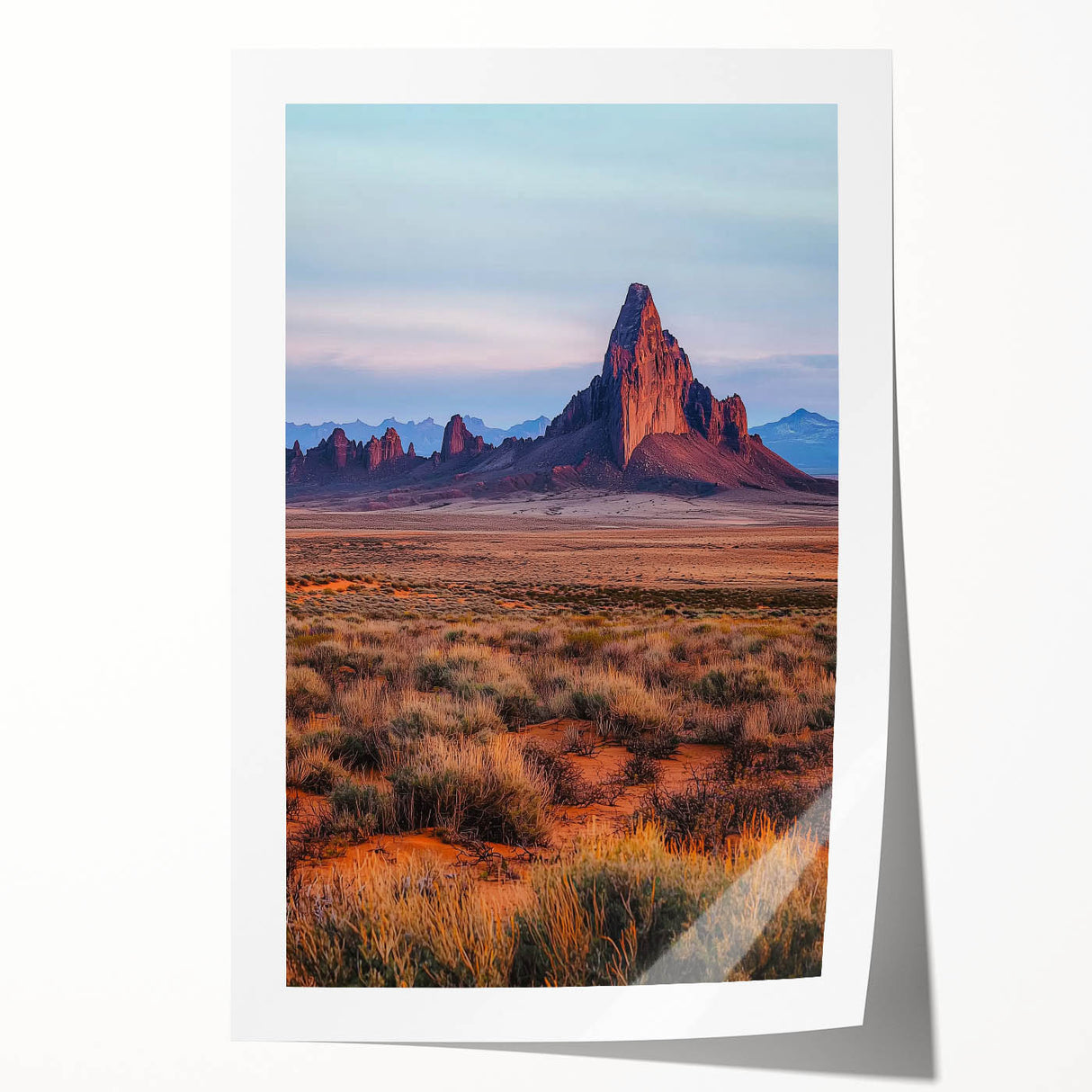 Landscape canvas print depicting serene desert dunes at sunset, showcasing warm hues of orange and gold, rolled and ready for display in a protective tube.