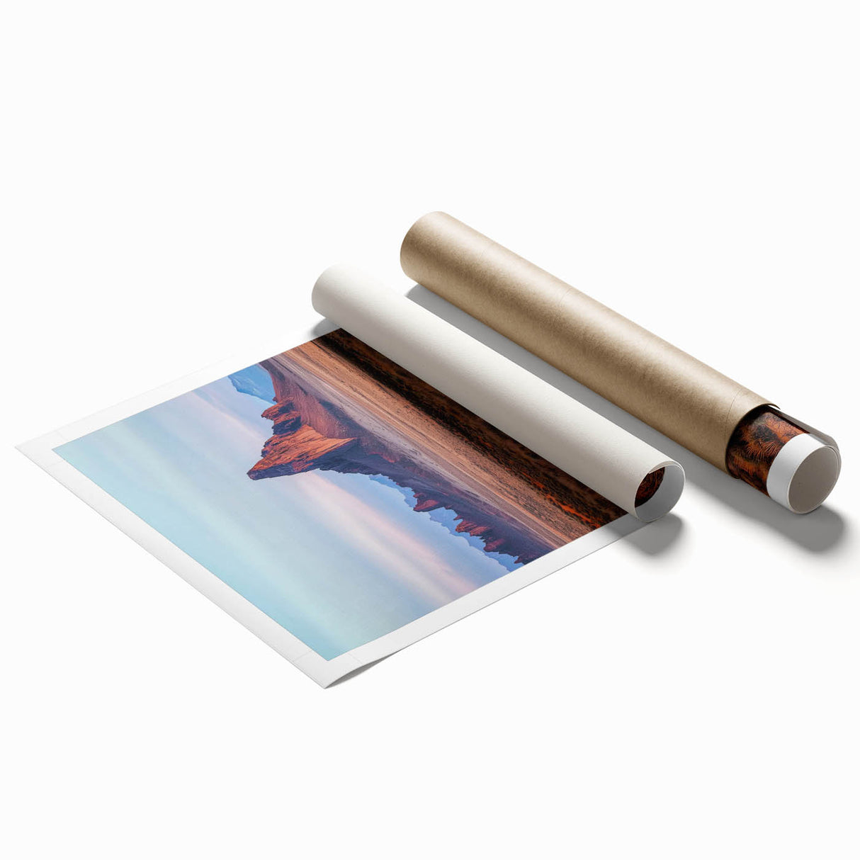 Desert landscape rolled print showcasing warm hues of golden sand dunes under a clear blue sky, elegantly packaged in a protective cardboard tube for easy transport.