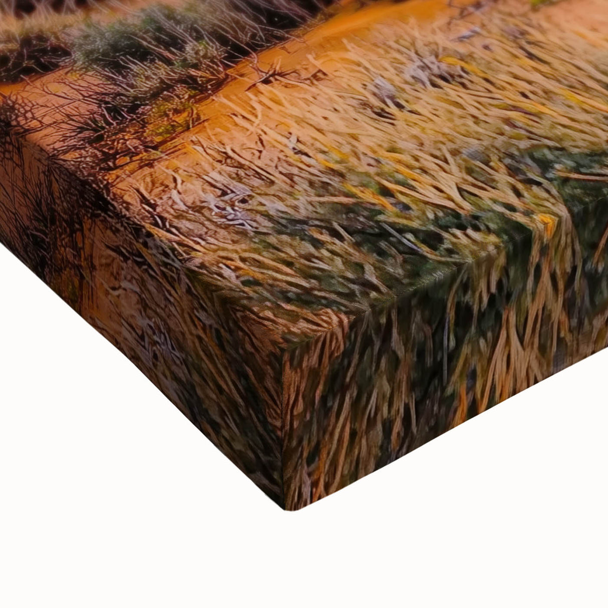 Close-up of a stretched canvas artwork depicting vast desert dunes at sunset, showcasing rich golden and orange hues with detailed textures, perfect for enhancing modern interiors.