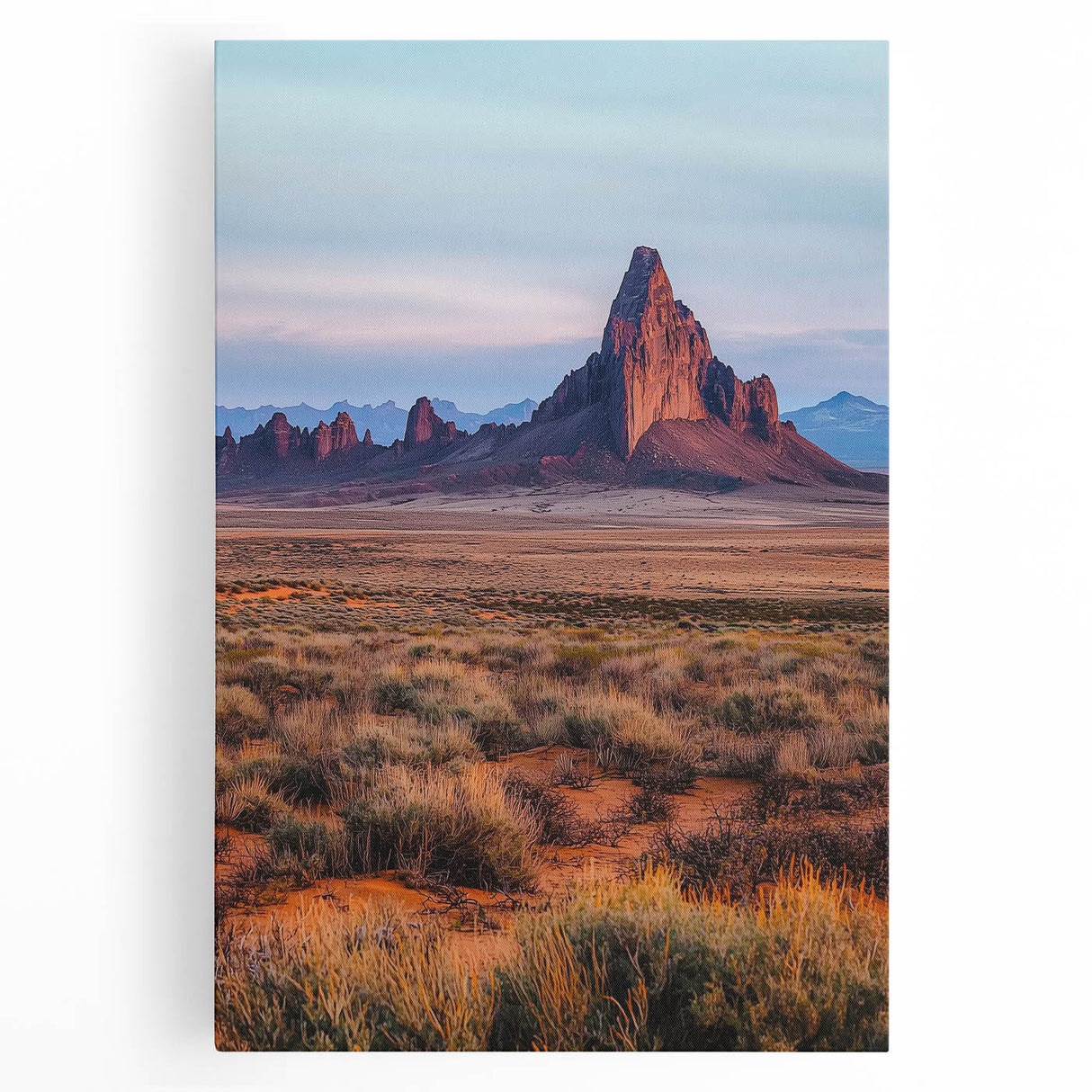 Stretched canvas artwork depicting serene desert dunes under a clear blue sky, showcasing warm sand tones and subtle shadows, ideal for home decor or art enthusiasts.