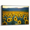 Framed landscape canvas art depicting vibrant green fields under a bright blue sky, showcasing a black frame and side view detail for home decor enhancement.