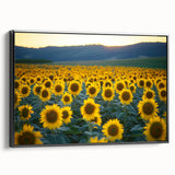 Framed landscape canvas art depicting vibrant green fields under a bright blue sky, showcasing a black frame and side view detail for home decor enhancement.