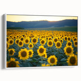 Framed canvas artwork depicting a serene landscape of rolling green fields under a bright blue sky, showcasing a white frame and side view details for home decor.