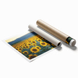 Vibrant rolled print of a serene landscape featuring lush green fields and a clear blue sky, beautifully designed for wall decor and packaged securely in a protective tube.