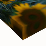 Close-up of a vibrant stretched canvas depicting a serene landscape with lush green fields and rolling hills, ideal for home decor or art enthusiasts.