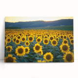 Stretched canvas artwork depicting vibrant green fields under a clear blue sky, leaning against a wall, ideal for home decor and nature-themed interiors.