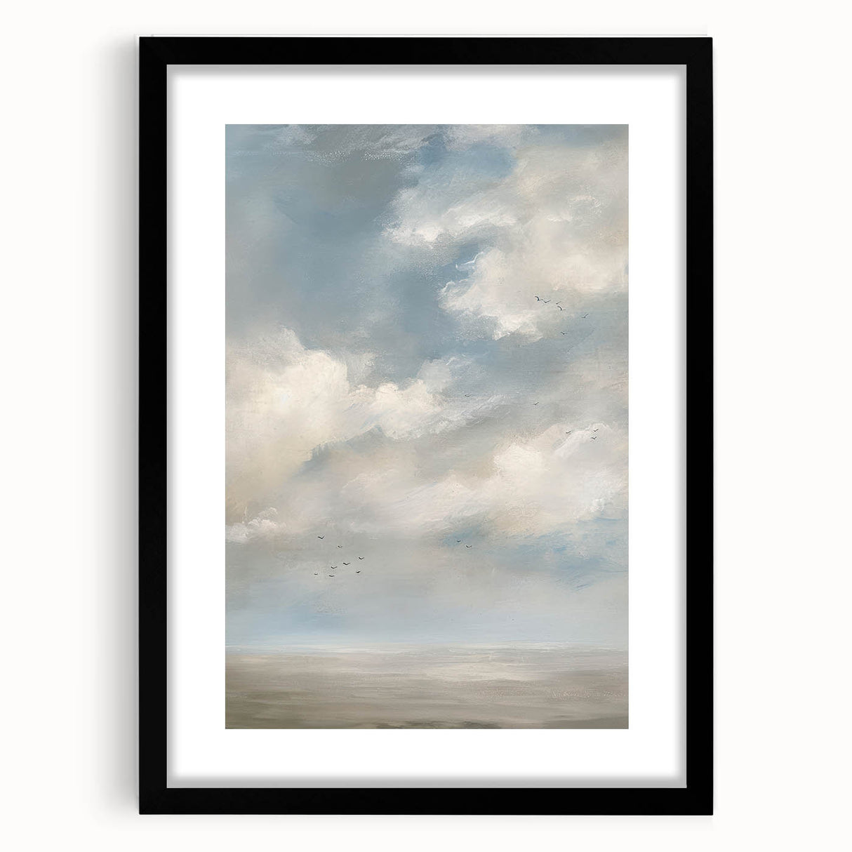 Black framed landscape photo display with a white mat, showcasing a serene mountain view. Ideal for home decor or office aesthetics, enhancing any space's ambiance.