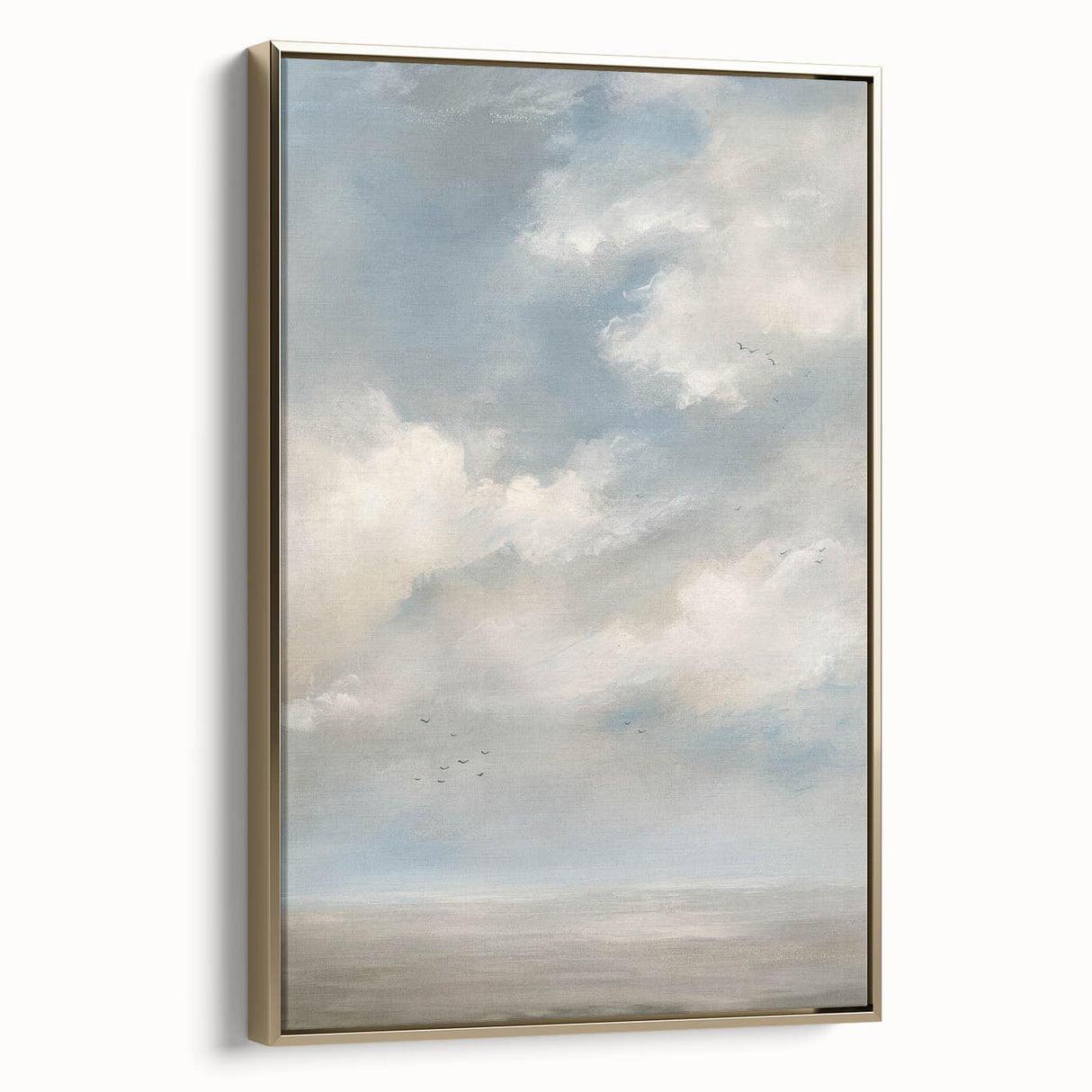 Framed canvas artwork showcasing a vibrant landscape design, accented with a gold frame, viewed from the side, highlighting its elegant details and texture. Ideal for home decor enthusiasts seeking a touch of nature-inspired elegance.