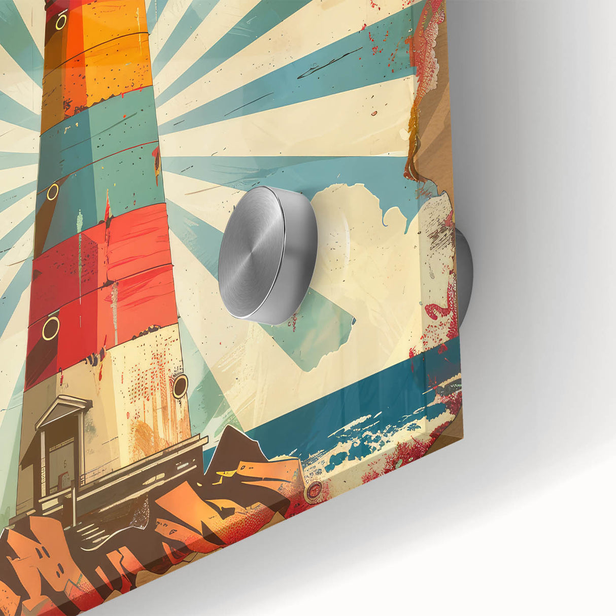 Close-up of a vibrant acrylic glass wall art piece depicting a serene lighthouse landscape, showcasing rich colors and intricate details ideal for coastal-themed decor.