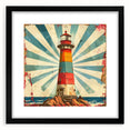 Black-framed wall art featuring a scenic lighthouse landscape, elegantly matted for a polished look, perfect for enhancing coastal-themed home decor.