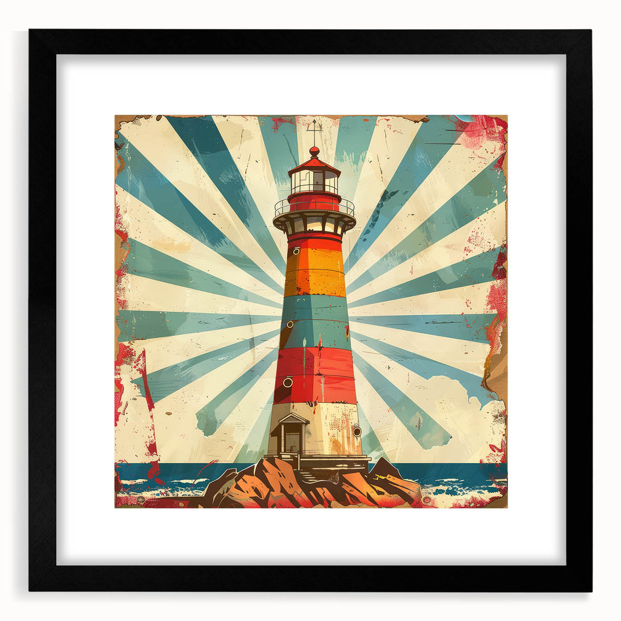 Black-framed wall art featuring a scenic lighthouse landscape, elegantly matted for a polished look, perfect for enhancing coastal-themed home decor.