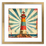 Framed wall art featuring a serene lighthouse landscape design, accented with a gold mat, showcasing vibrant colors and intricate details, perfect for home decor.