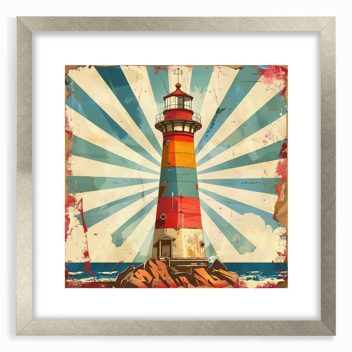 Framed wall art showcasing a coastal lighthouse landscape design, featuring a silver mat and sleek frame, perfect for enhancing home decor with a nautical theme.