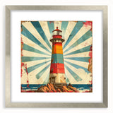Framed wall art showcasing a coastal lighthouse landscape design, featuring a silver mat and sleek frame, perfect for enhancing home decor with a nautical theme.