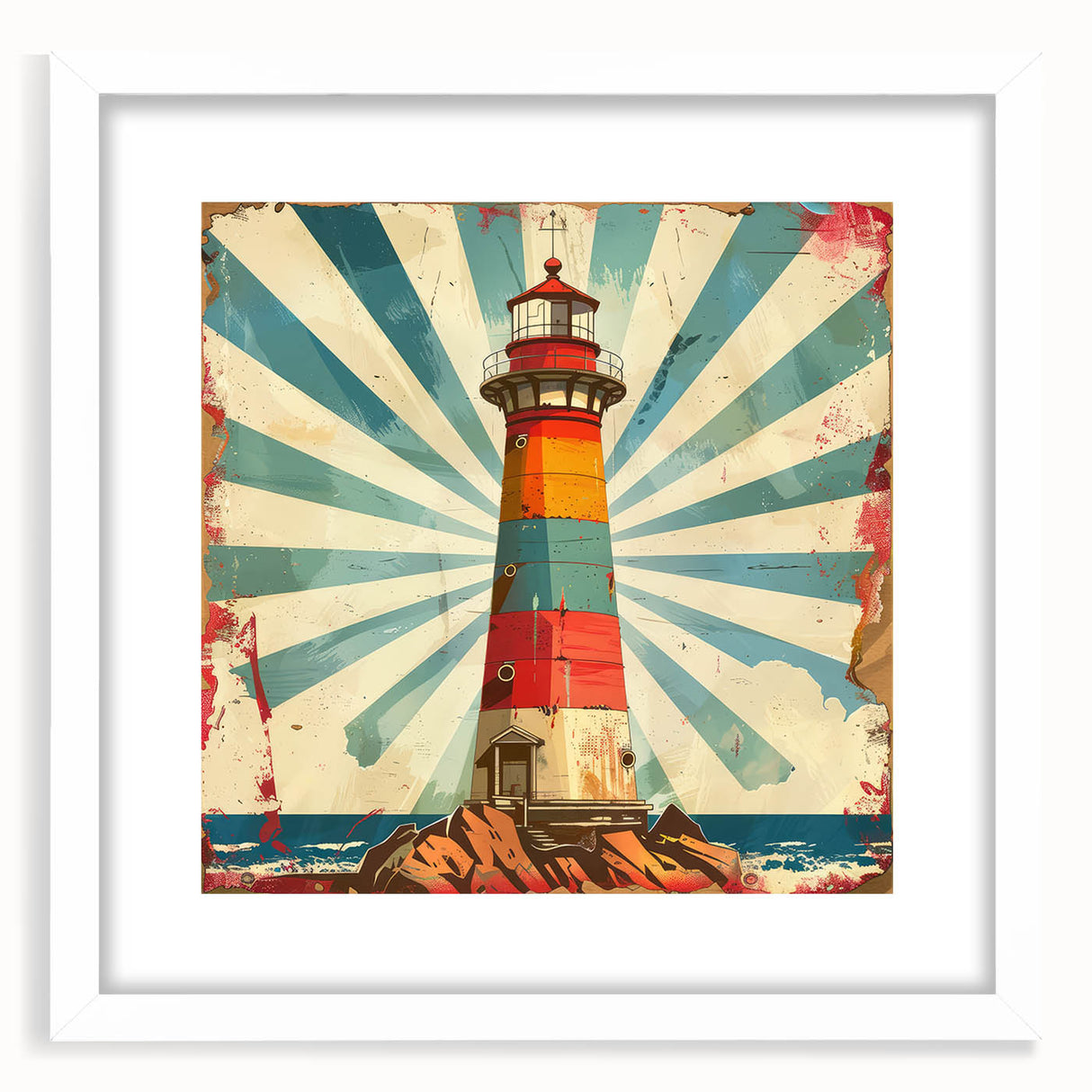 Framed lighthouse wall art featuring a serene coastal landscape, complete with a white mat and modern frame, ideal for enhancing home decor and maritime themes.