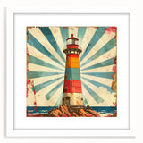 Framed lighthouse wall art featuring a serene coastal landscape, complete with a white mat and modern frame, ideal for enhancing home decor and maritime themes.
