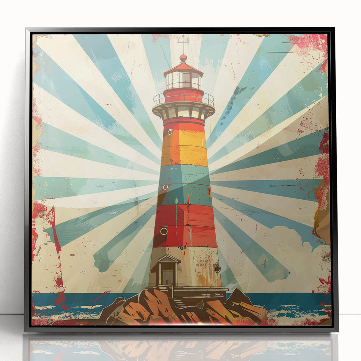 Framed acrylic wall art depicting a scenic lighthouse landscape, featuring vibrant colors and intricate details, set against a black background for a modern aesthetic.