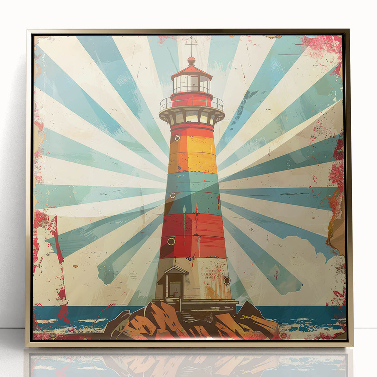 Framed acrylic wall art depicting a lighthouse surrounded by vibrant landscapes, featuring gold accents and a sleek front view design, perfect for coastal decor.