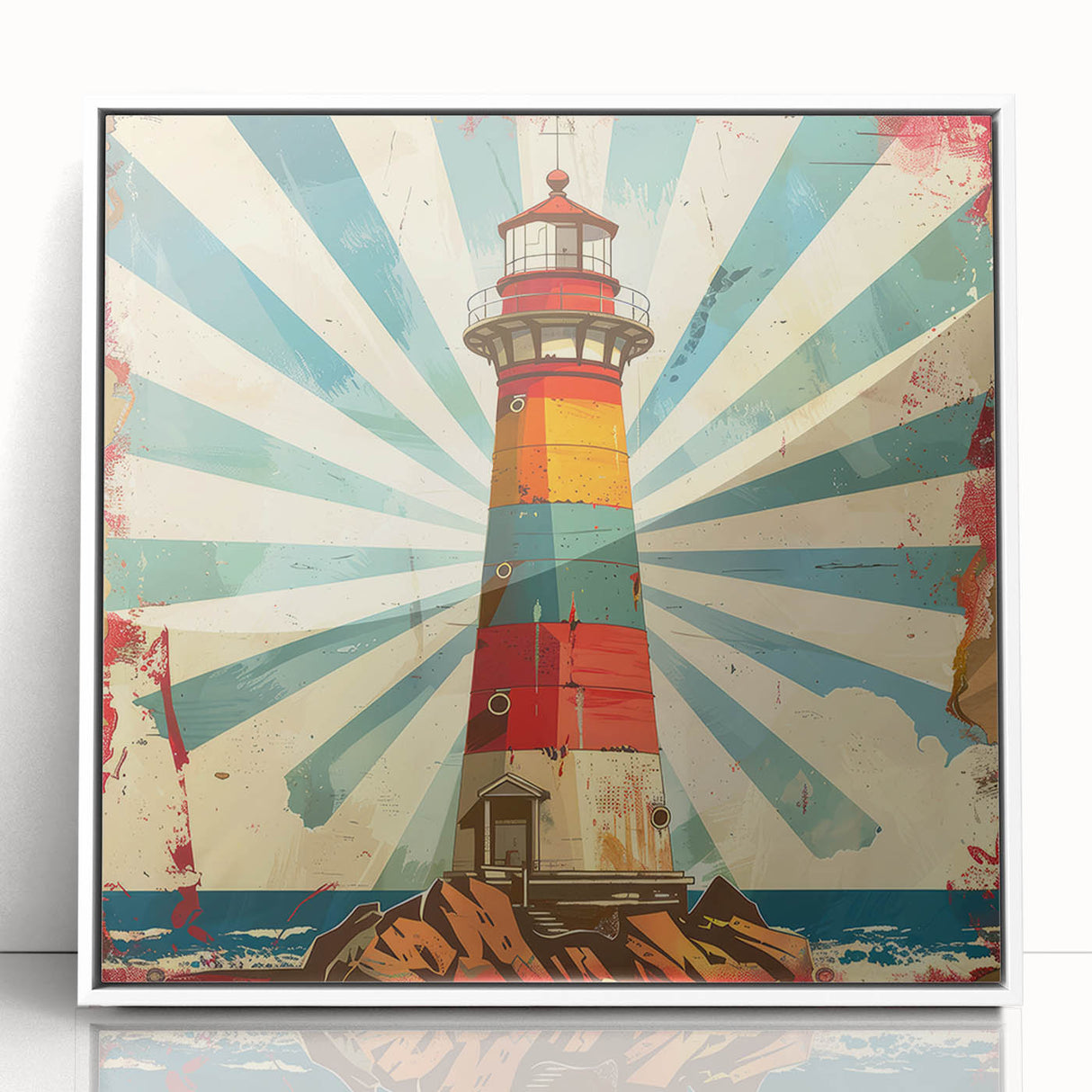Framed acrylic wall art featuring a serene lighthouse landscape design, set against a vibrant sunset backdrop, enhancing coastal decor aesthetics in any room.