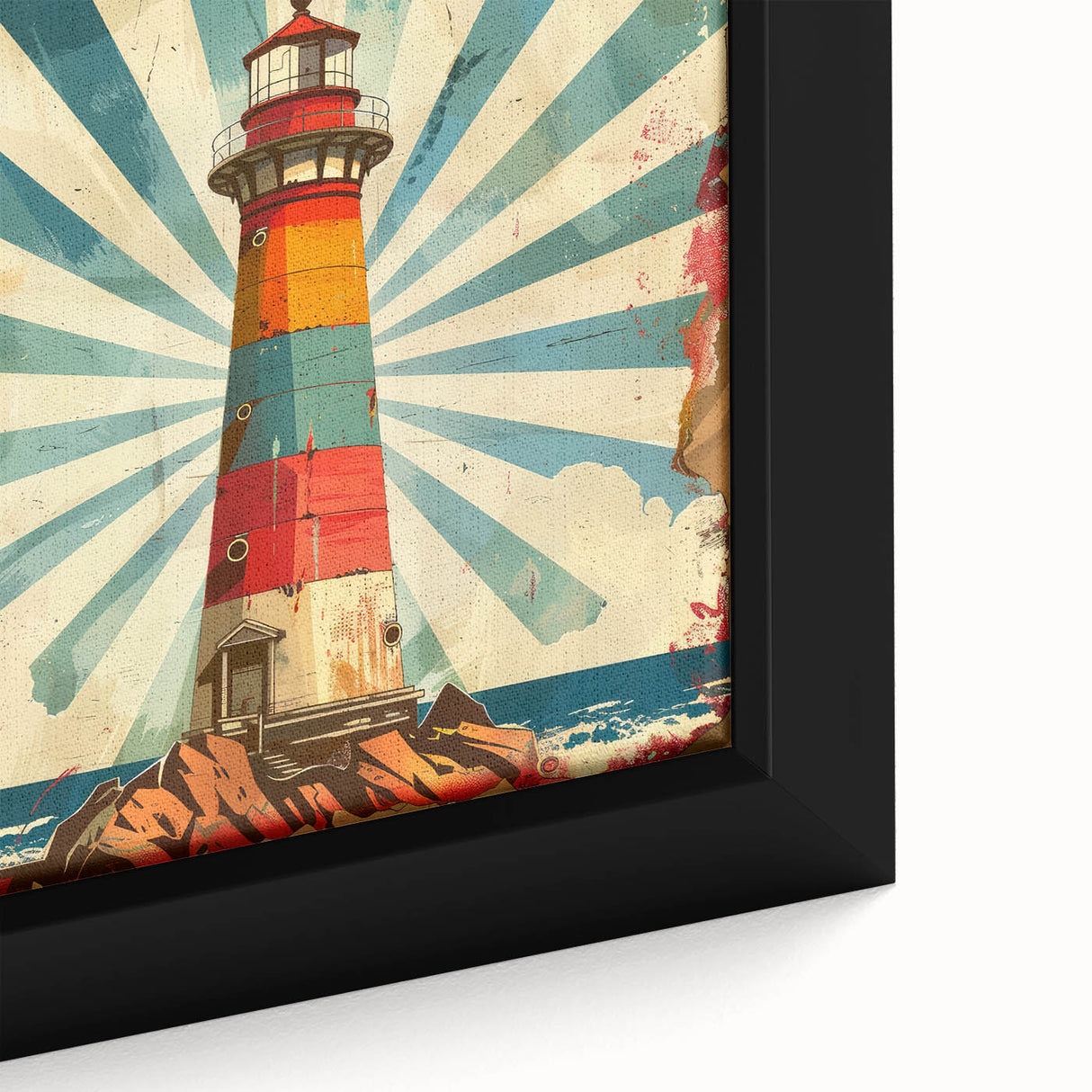 Close-up of a framed canvas wall art depicting a serene lighthouse landscape, featuring soft blue skies and vibrant coastal colors, ideal for home decor.