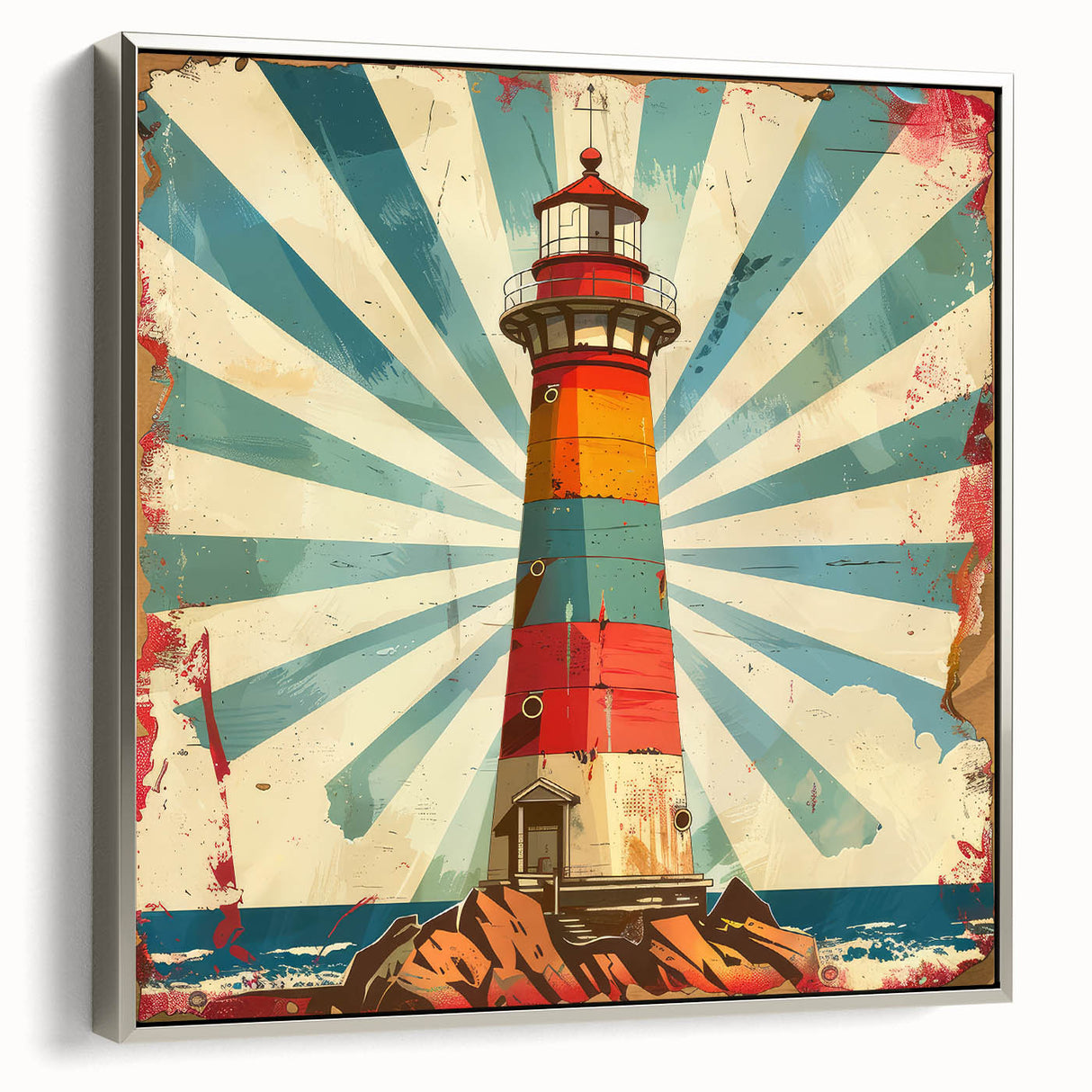 Framed canvas wall art depicting a serene lighthouse landscape with vibrant colors and silver frame, ideal for coastal-themed home decor.