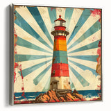 Framed canvas wall art depicting a serene lighthouse landscape with vibrant colors and silver frame, ideal for coastal-themed home decor.