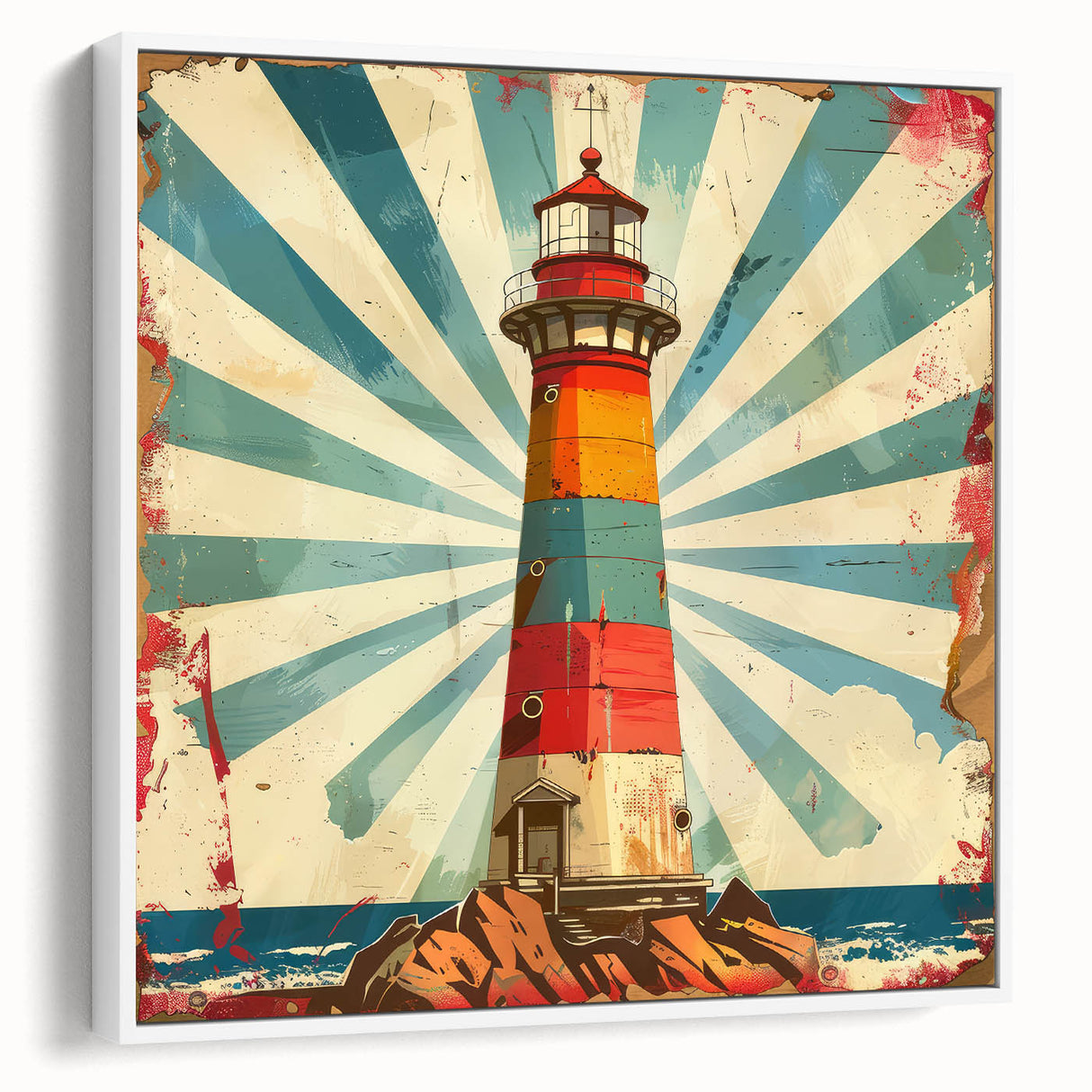 Framed canvas wall art depicting a serene lighthouse landscape, showcasing vibrant colors and intricate details, perfect for coastal decor and home aesthetics.