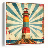 Framed canvas wall art depicting a serene lighthouse landscape, showcasing vibrant colors and intricate details, perfect for coastal decor and home aesthetics.