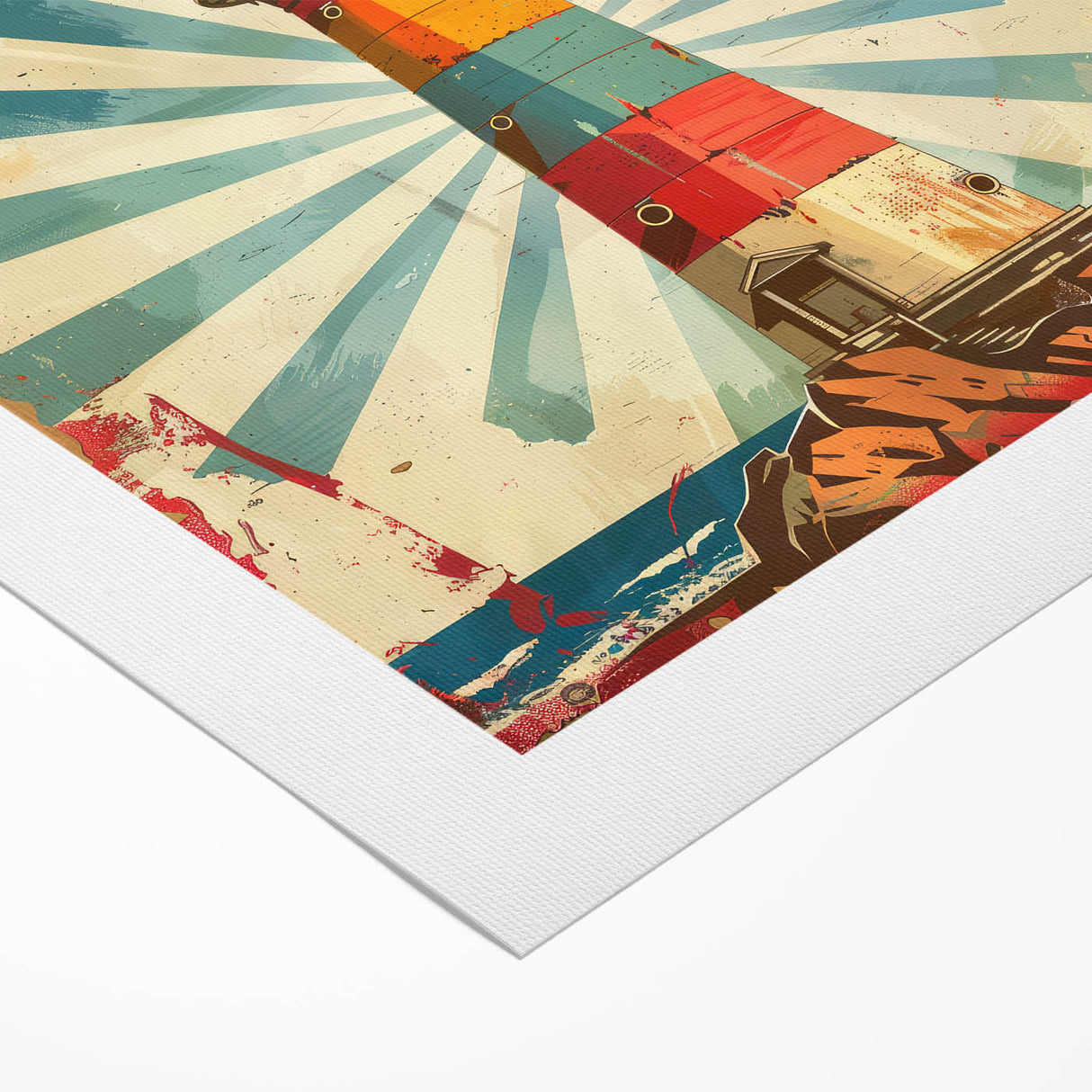 Lighthouse wall art print on rolled canvas, showcasing a serene coastal landscape with vibrant colors and intricate details, ideal for home decor.