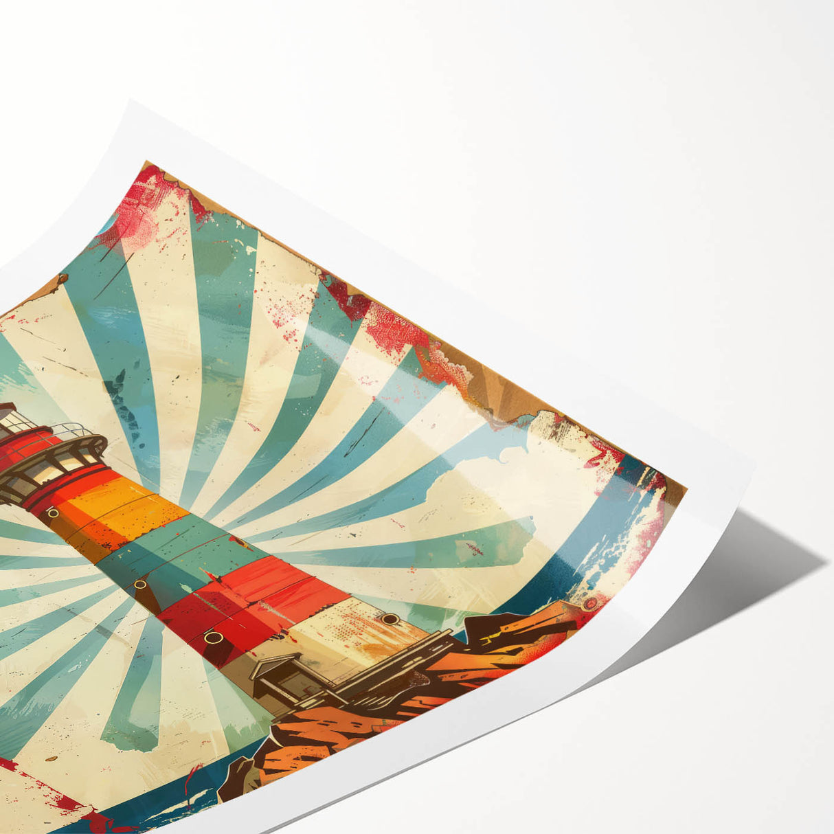 Lighthouse wall art rolled print showcasing a serene coastal landscape with vibrant colors and intricate details, ideal for home decor enthusiasts.