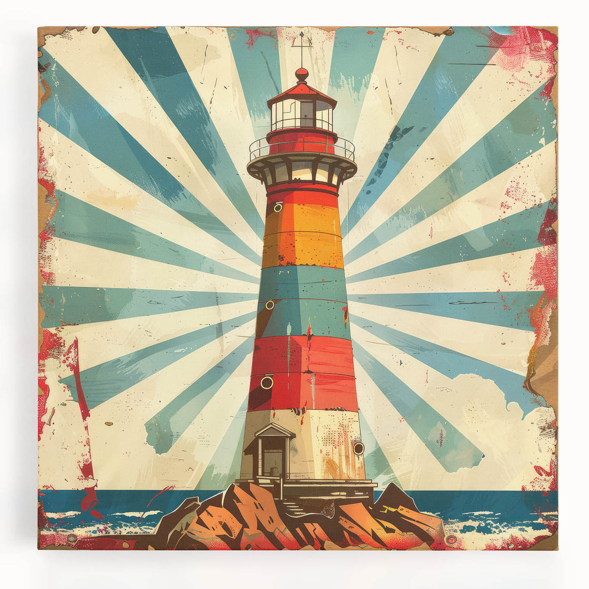 Vibrant stretched canvas wall art depicting a scenic lighthouse against a colorful sunset, perfect for coastal decor enthusiasts. Ideal for brightening living spaces.