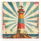 Vibrant stretched canvas wall art depicting a scenic lighthouse against a colorful sunset, perfect for coastal decor enthusiasts. Ideal for brightening living spaces.