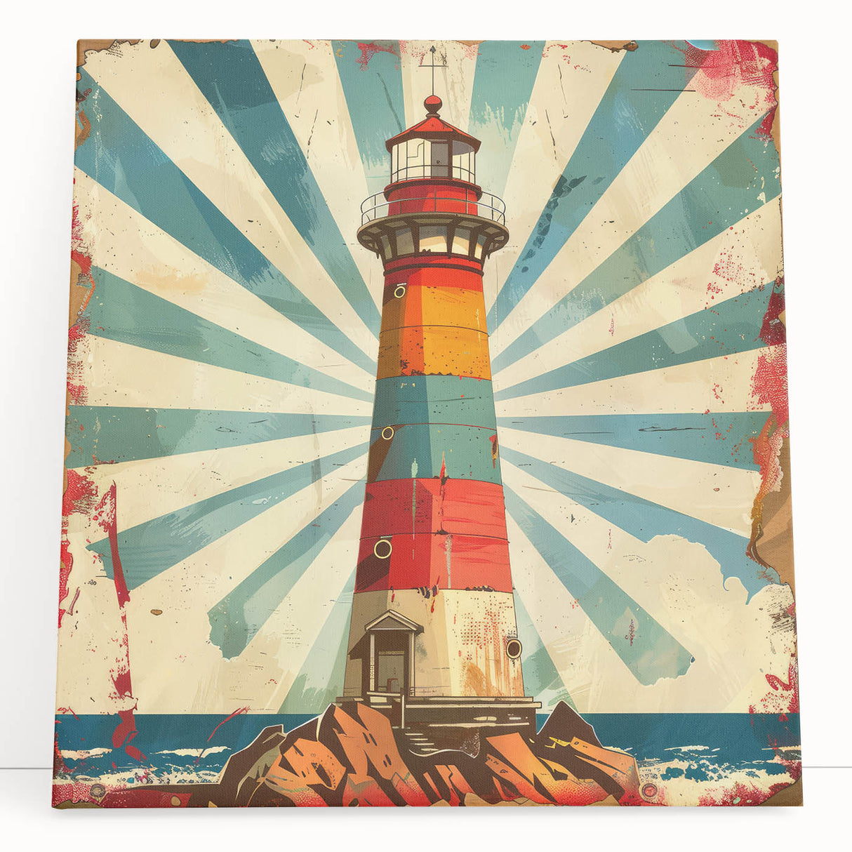 Stretched canvas wall art depicting a serene coastal landscape with a lighthouse, vibrant blues and greens accentuating the scene, ideal for home decor.