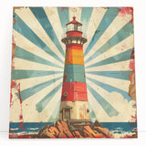 Stretched canvas wall art depicting a serene coastal landscape with a lighthouse, vibrant blues and greens accentuating the scene, ideal for home decor.