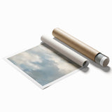 Rolled landscape art print showcasing vibrant, scenic imagery featuring lush green hills and a clear blue sky, securely packaged in a protective cardboard tube for safe delivery.