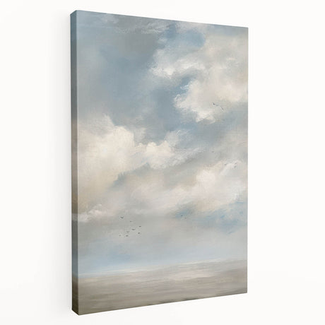 Stretched canvas artwork depicting a vibrant landscape scene with rich colors and intricate details, showcasing a serene sunset over rolling hills and trees.