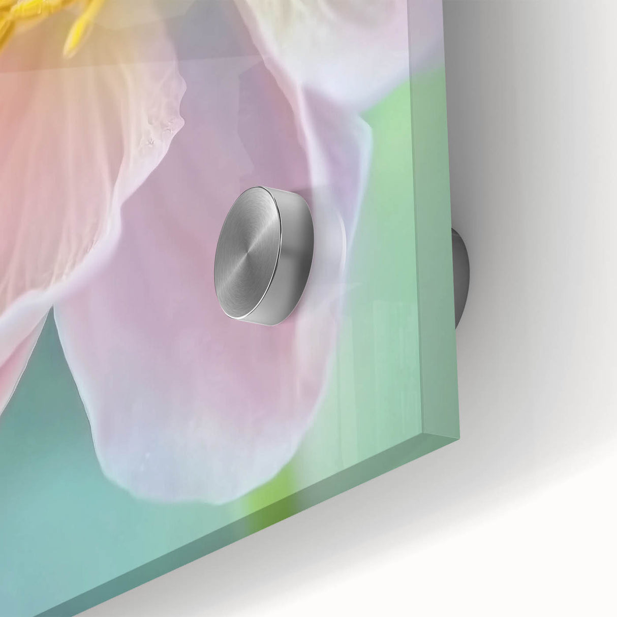 Large abstract floral print in vibrant orange and yellow tones on acrylic glass, ideal for dining room art.