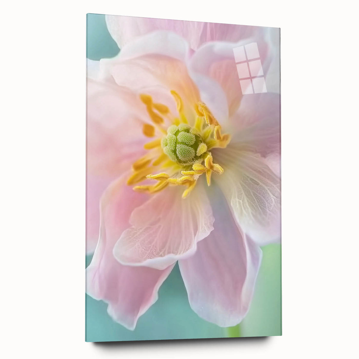 Large abstract floral art in vibrant orange and yellow tones on acrylic glass, ideal for bedroom or dining room decor.