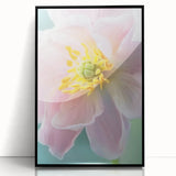 Large abstract wall art featuring floral close-ups in muted green and white, framed in black acrylic.