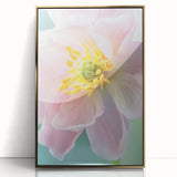 Mid-century modernist floral print in vibrant colors on a gold-framed acrylic, suitable for nursery wall art.