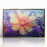 Close-up of water droplets on leaf, in gold frame acrylic print, in mid-century modernist style.