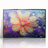 Mid-century modernist art depicting a close-up of water droplets, in cool blue and silver tones on a framed acrylic print.