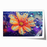 Close-up floral art on rolled canvas featuring detailed water droplets on petals, in soft blue and green tones.